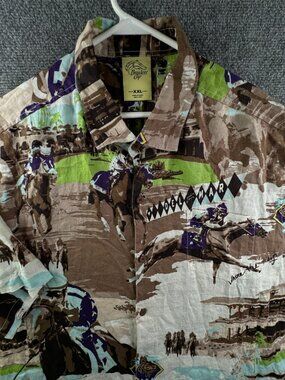 Breeders Cup Linen Shirt 2XL Multicolor Short Sleeve Button Up Horse Print AOP